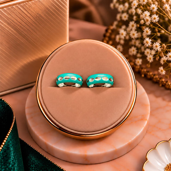 Laguna Turquoise Oval Enamel Silver Huggie Hoop Earrings - Luxury Velvet Presentation Box Pair Display - SURIYAS Jewel Studio