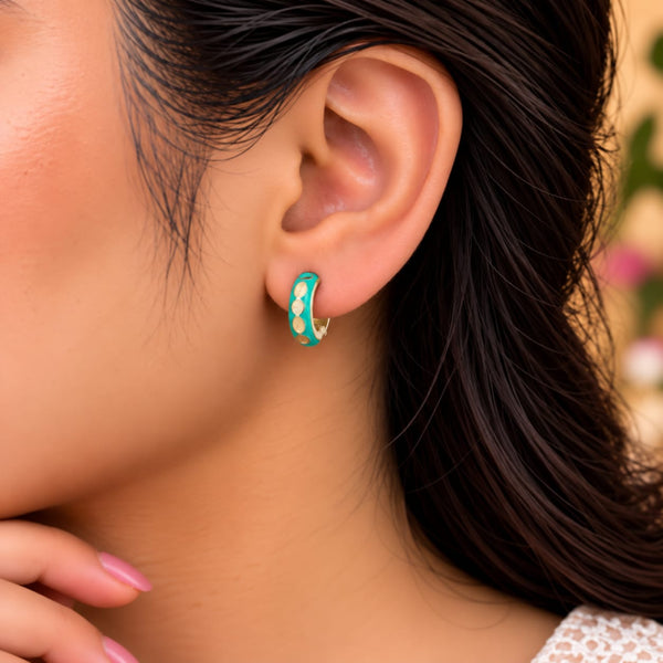 Laguna Turquoise Oval Enamel Silver Huggie Hoop Earrings - On-Ear Model Styling & Wear View - SURIYAS Jewel Studio - Angle & Detail View | SURIYAS