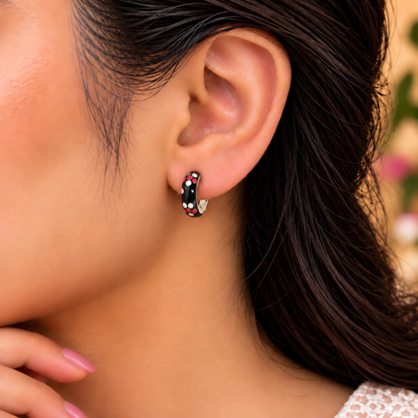 Onyx Bloom Floral Polka Dot Enamel Silver Huggie Hoop Earrings - On-Ear Model Styling & Wear View - SURIYAS Jewel Studio - Angle & Detail View | SURIYAS
