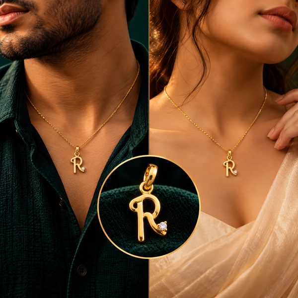 Aura Solitaire Letter 'R' Initial Pendant - Men and Women Styling On-Body View - SURIYAS Jewel Studio