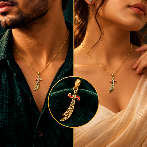 Rajputana Curved Talwar Sword Pendant (Gold) - Men and Women Styling On-Body View - SURIYAS Jewel Studio