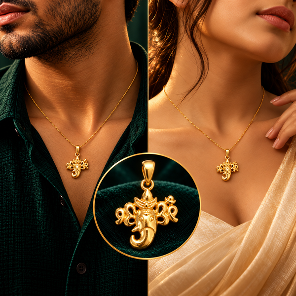 Om Trishul Lord Ganesha Divine Pendant (Gold) - Men and Women Styling On-Body View - SURIYAS Jewel Studio
