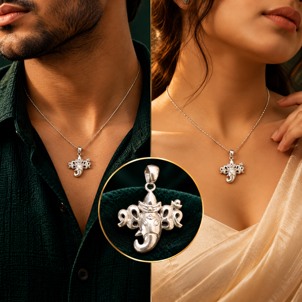 Om Trishul Lord Ganesha Divine Pendant (Silver) - Men and Women Styling On-Body View - SURIYAS Jewel Studio