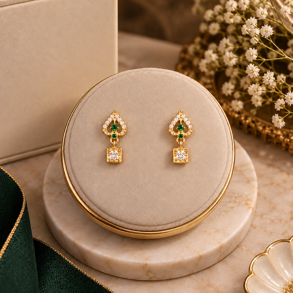 Emerald Heart Square Drop Earrings