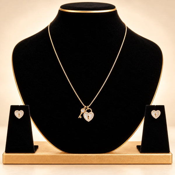 Aura Heart Lock & Key Mother-of-Pearl Necklace Set - Luxury Display Bust Stand - SURIYAS Jewel Studio