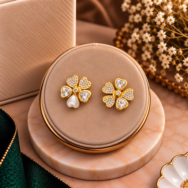 Aura Floral Clover Pavé Pearl Drop Earrings - Luxury Display Pedestal Stand - SURIYAS Jewel Studio