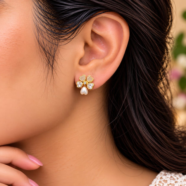 Aura Floral Clover Pavé Pearl Drop Earrings - On-Ear Styling View - SURIYAS Jewel Studio