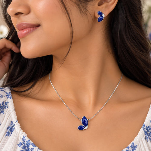 Azure Butterfly Wings Pendant & Studs - Hand Wear View - SURIYAS