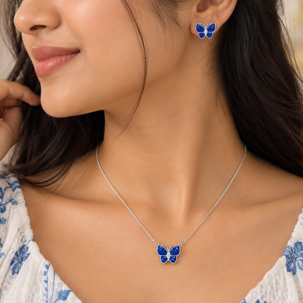 Cobalt Monarch Silhouette Necklace Set - Hand Wear View - SURIYAS