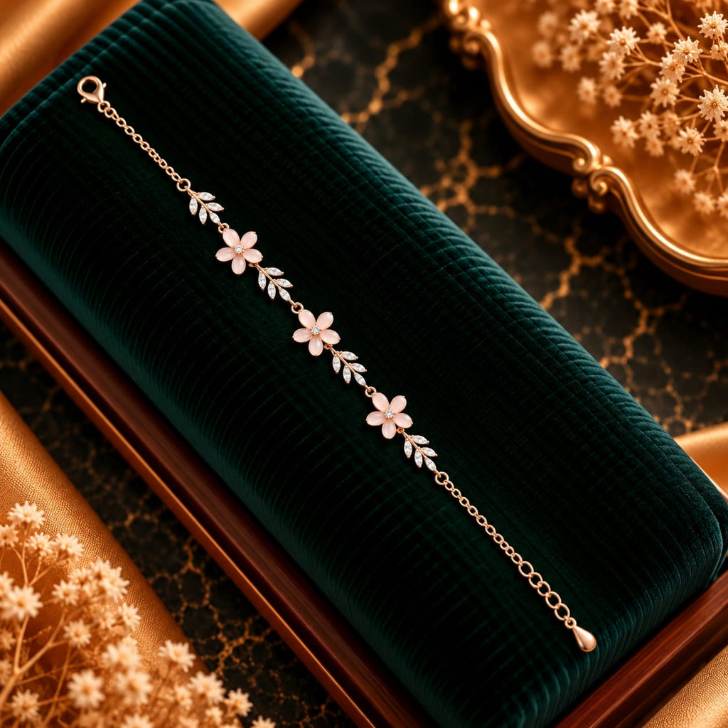 Sakura Bloom Blush Floral Rose Gold Charm Bracelet Luxury Emerald Velvet Presentation Display - SURIYAS Jewel Studio