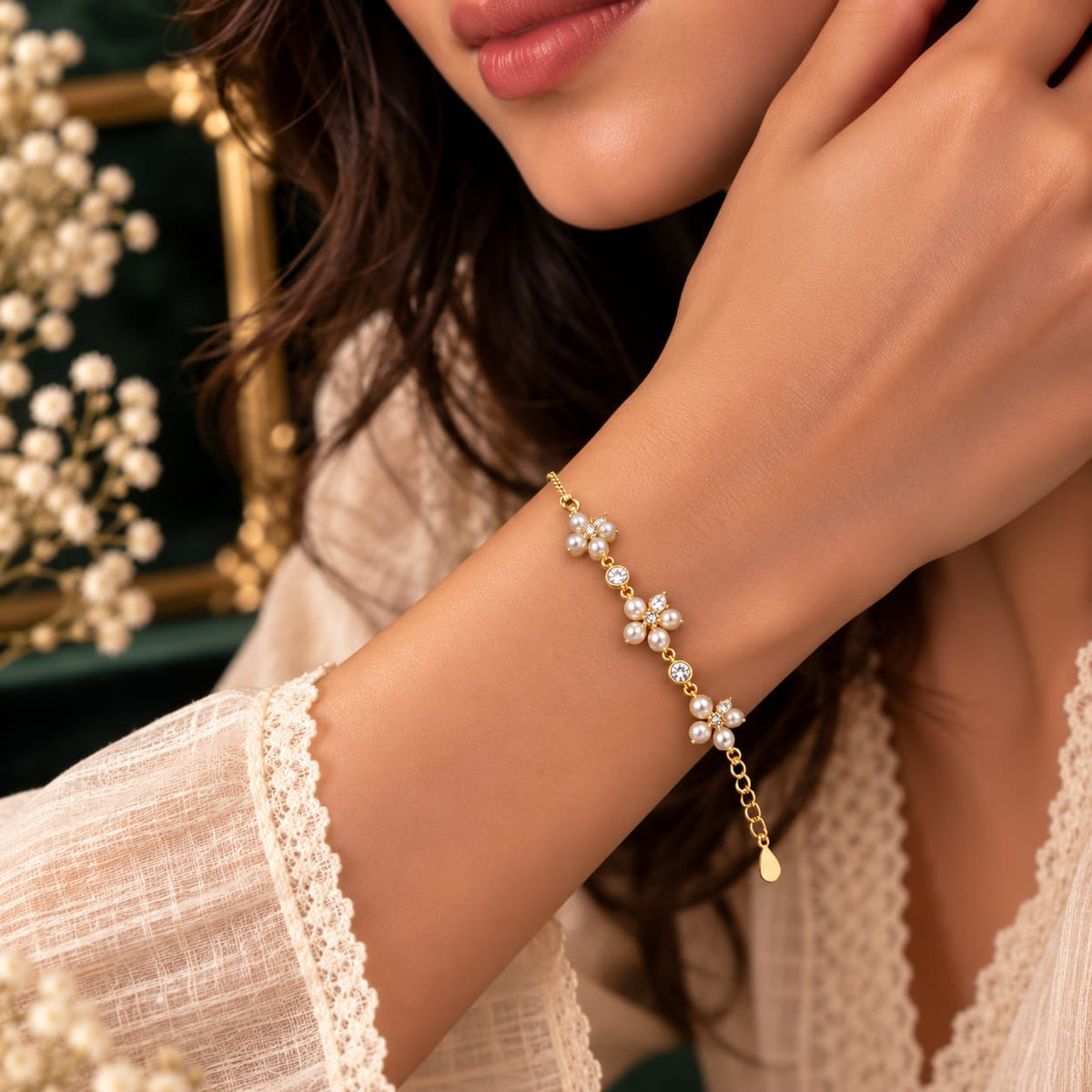 Lumina Pearl Blossom Crystal Flora Gold Chain Bracelet On-Model Wear View - SURIYAS Jewel Studio