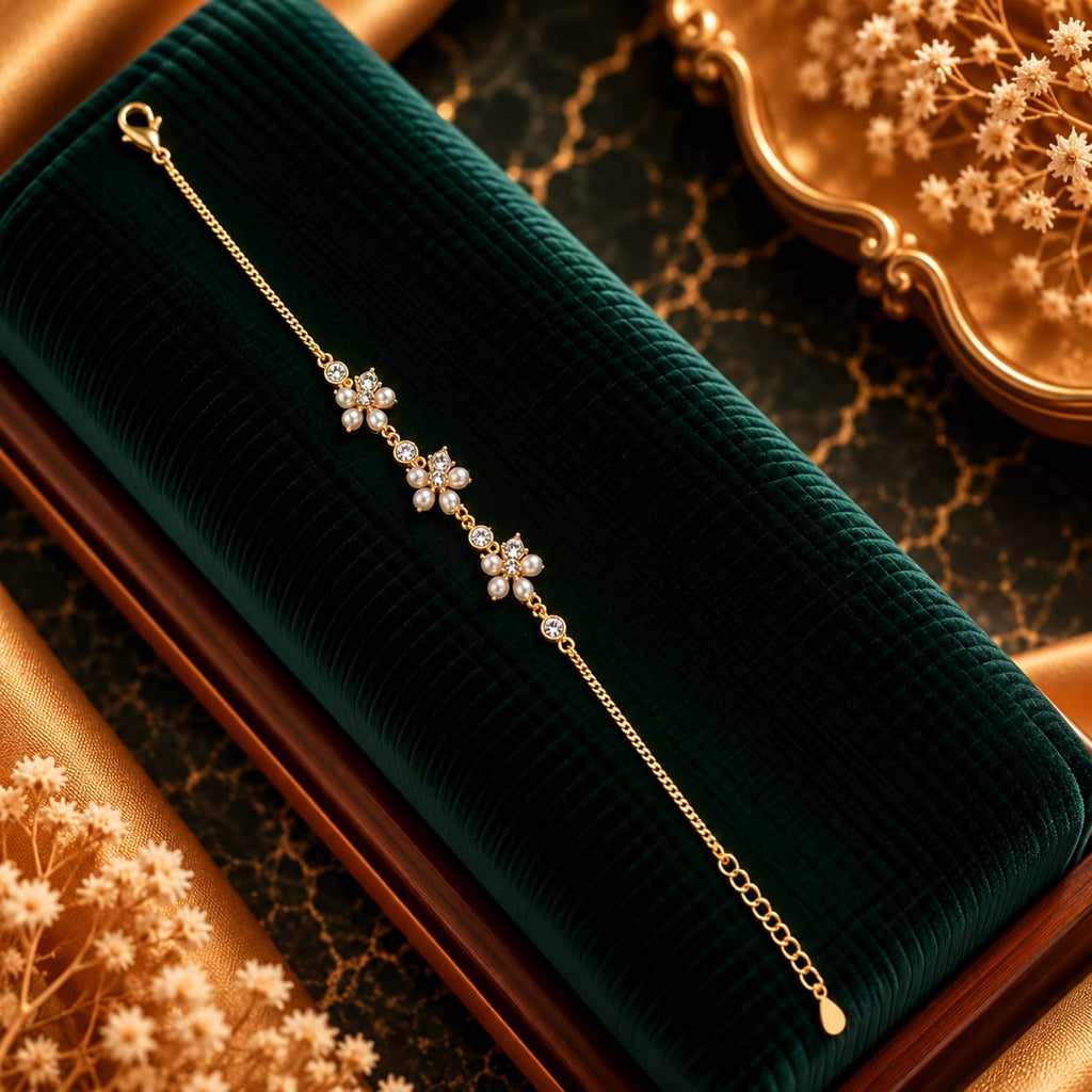 Lumina Pearl Blossom Crystal Flora Gold Chain Bracelet Luxury Emerald Velvet Presentation Display - SURIYAS Jewel Studio