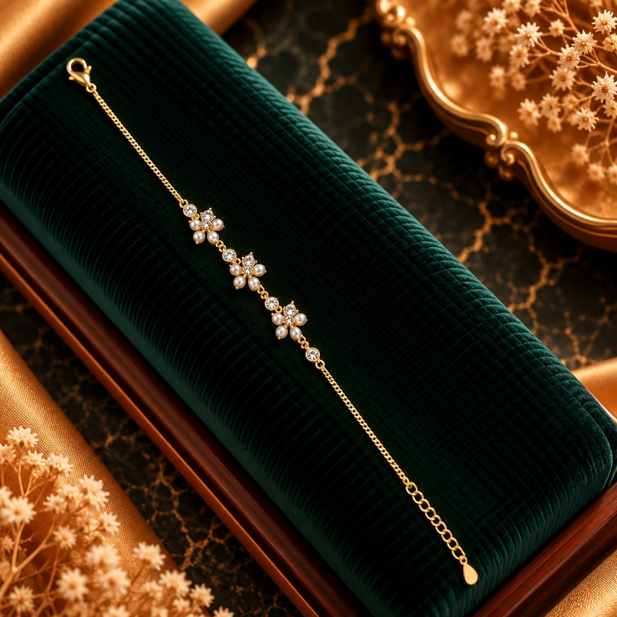 Lumina Pearl Blossom Crystal Flora Gold Chain Bracelet Luxury Emerald Velvet Presentation Display - SURIYAS Jewel Studio