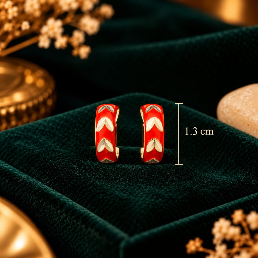Scarlet Chevron Leaf Enamel Silver Huggie Hoop Earrings - 1.3 cm Silhouette Scale & Dimension Guide - SURIYAS Jewel Studio