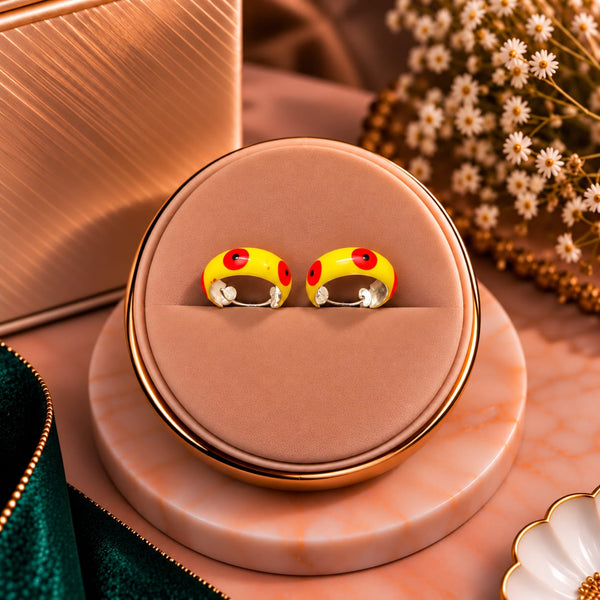 Solaria Crimson Dot Yellow Enamel Silver Huggie Hoop Earrings - Luxury Velvet Presentation Box Pair Display - SURIYAS Jewel Studio