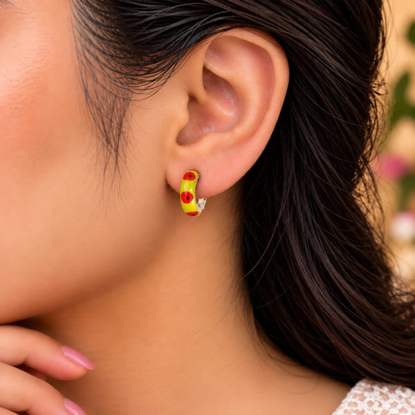 Solaria Crimson Dot Yellow Enamel Silver Huggie Hoop Earrings - On-Ear Model Styling & Wear View - SURIYAS Jewel Studio - Angle & Detail View | SURIYAS