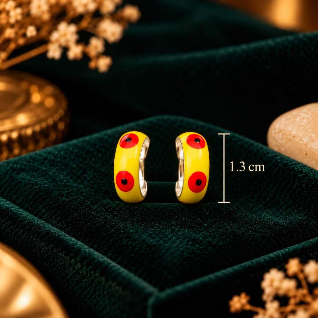 Solaria Crimson Dot Yellow Enamel Silver Huggie Hoop Earrings - 1.3 cm Silhouette Scale & Dimension Guide - SURIYAS Jewel Studio