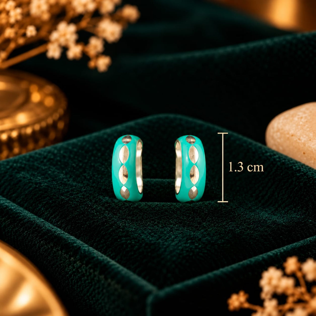 Laguna Turquoise Oval Enamel Silver Huggie Hoop Earrings - 1.3 cm Silhouette Scale & Dimension Guide - SURIYAS Jewel Studio
