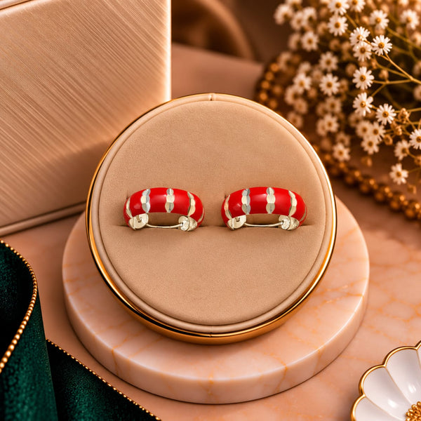Ruby Fluted Stripe Enamel Silver Huggie Hoop Earrings - Luxury Velvet Presentation Box Pair Display - SURIYAS Jewel Studio