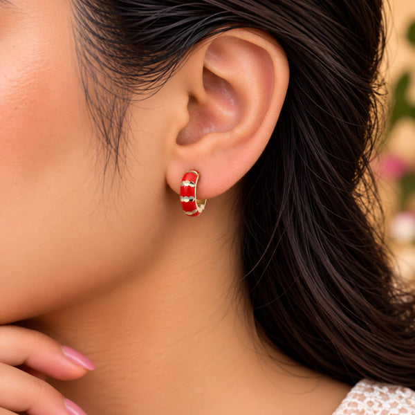 Ruby Fluted Stripe Enamel Silver Huggie Hoop Earrings - On-Ear Model Styling & Wear View - SURIYAS Jewel Studio - Angle & Detail View | SURIYAS