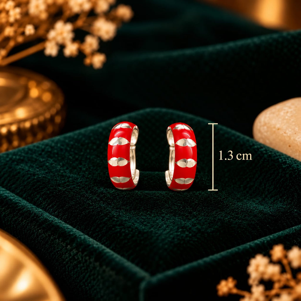 Ruby Fluted Stripe Enamel Silver Huggie Hoop Earrings - 1.3 cm Silhouette Scale & Dimension Guide - SURIYAS Jewel Studio