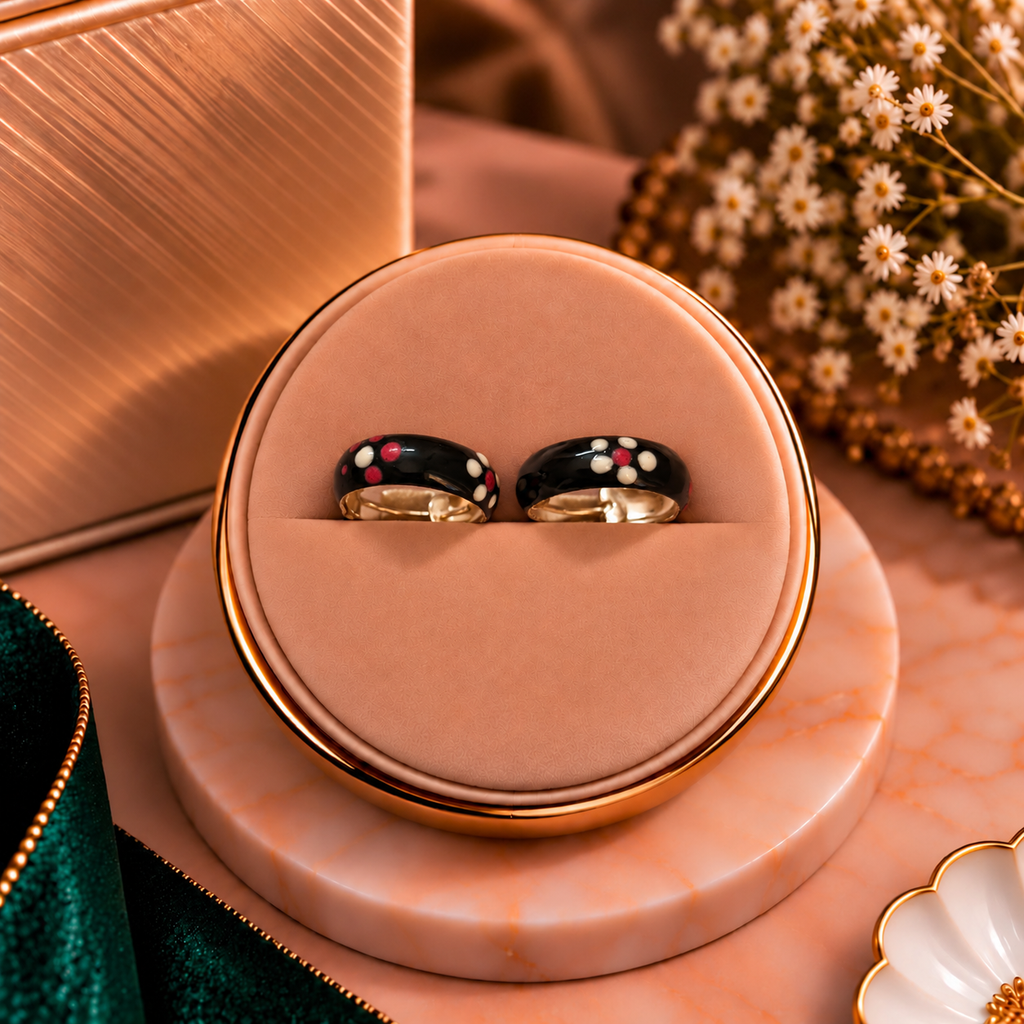 Onyx Bloom Floral Polka Dot Enamel Silver Huggie Hoop Earrings - Luxury Velvet Presentation Box Pair Display - SURIYAS Jewel Studio