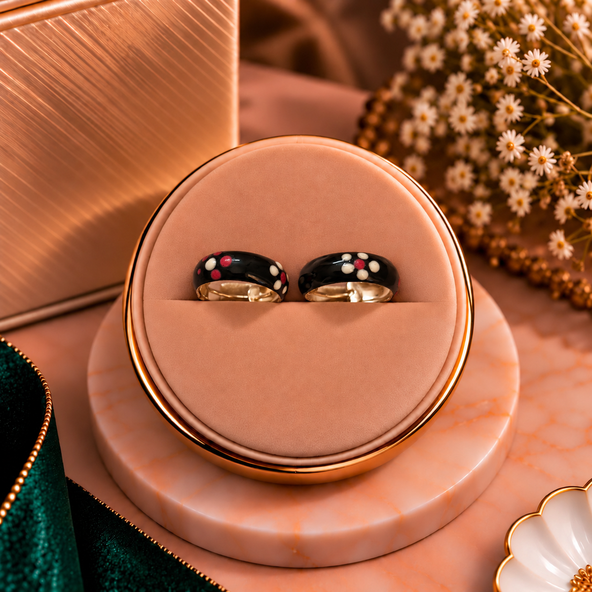 Onyx Bloom Floral Polka Dot Enamel Silver Huggie Hoop Earrings - Luxury Velvet Presentation Box Pair Display - SURIYAS Jewel Studio