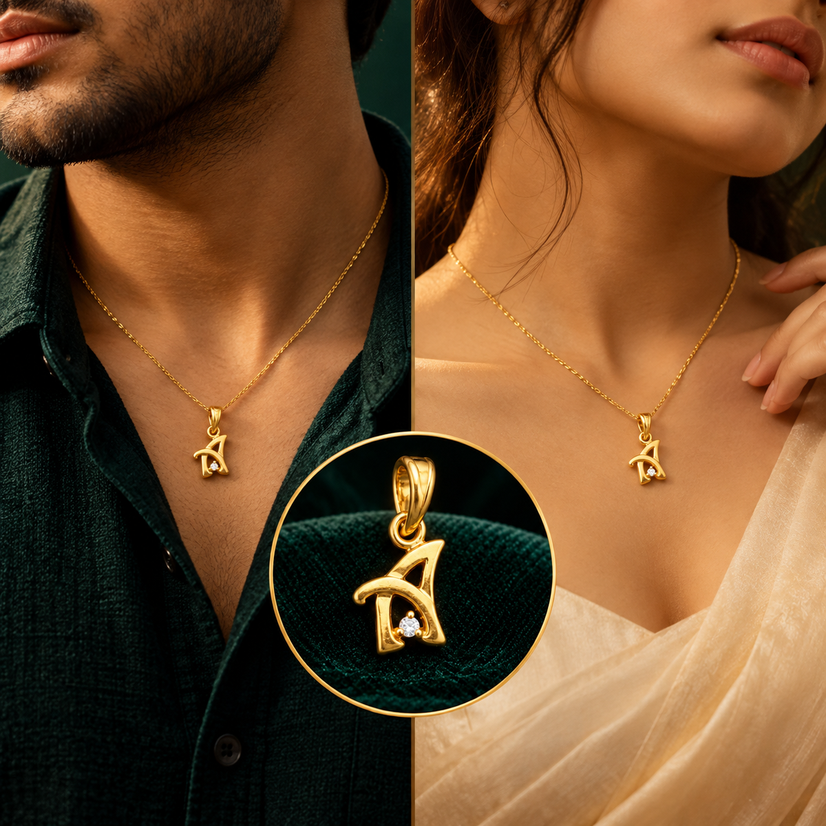 Aura Solitaire Letter 'A' Initial Pendant - Men and Women Styling On-Body View - SURIYAS Jewel Studio