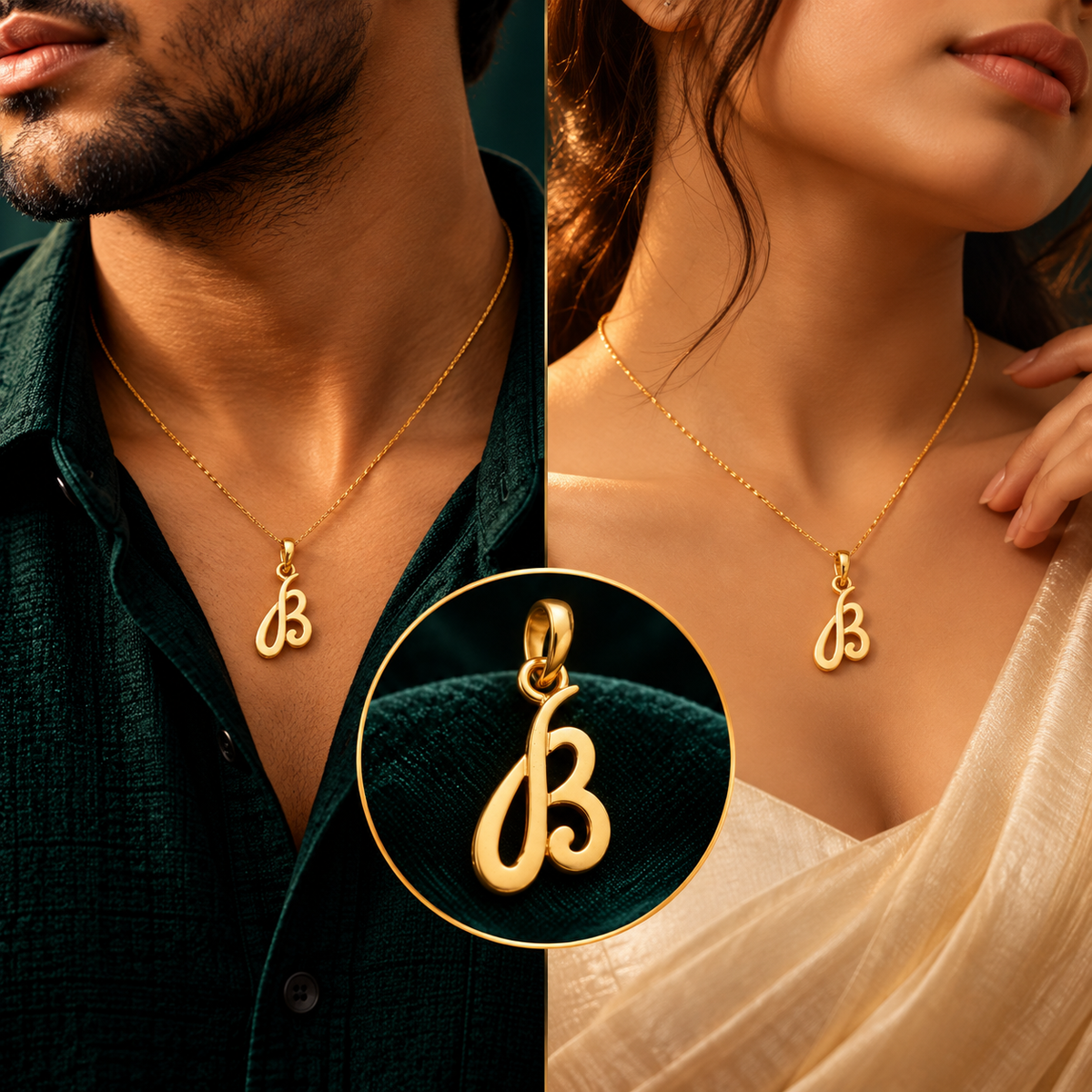 Elegance Calligraphy Letter 'B' Initial Pendant - Men and Women Styling On-Body View - SURIYAS Jewel Studio