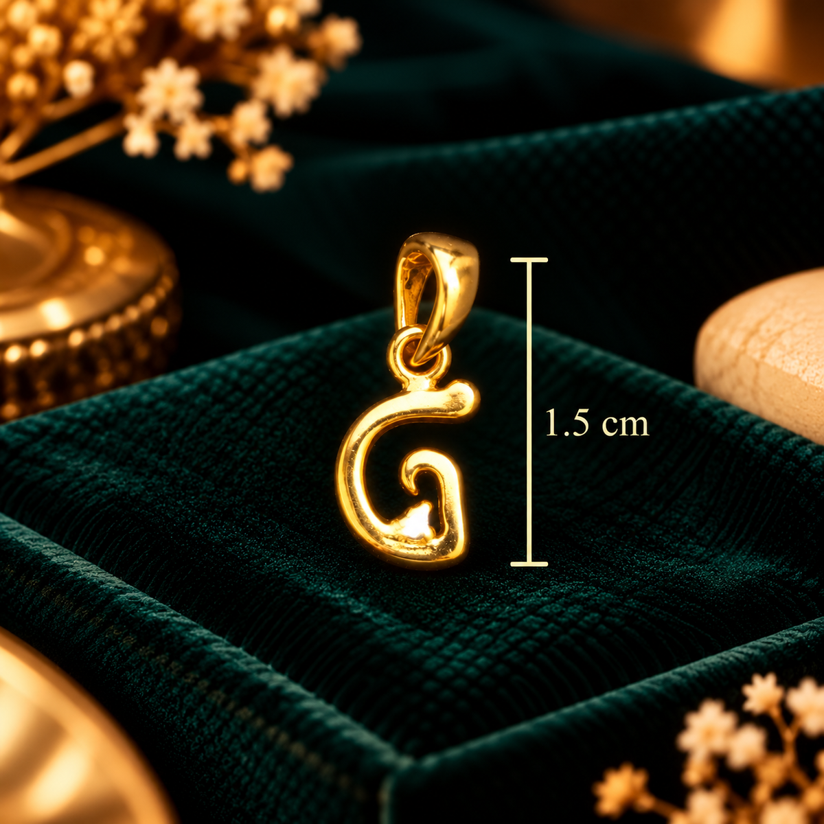 Aura Solitaire Letter 'G' Initial Pendant - Pendant Dimensions and Scale Guide (1.5 cm) - SURIYAS Jewel Studio