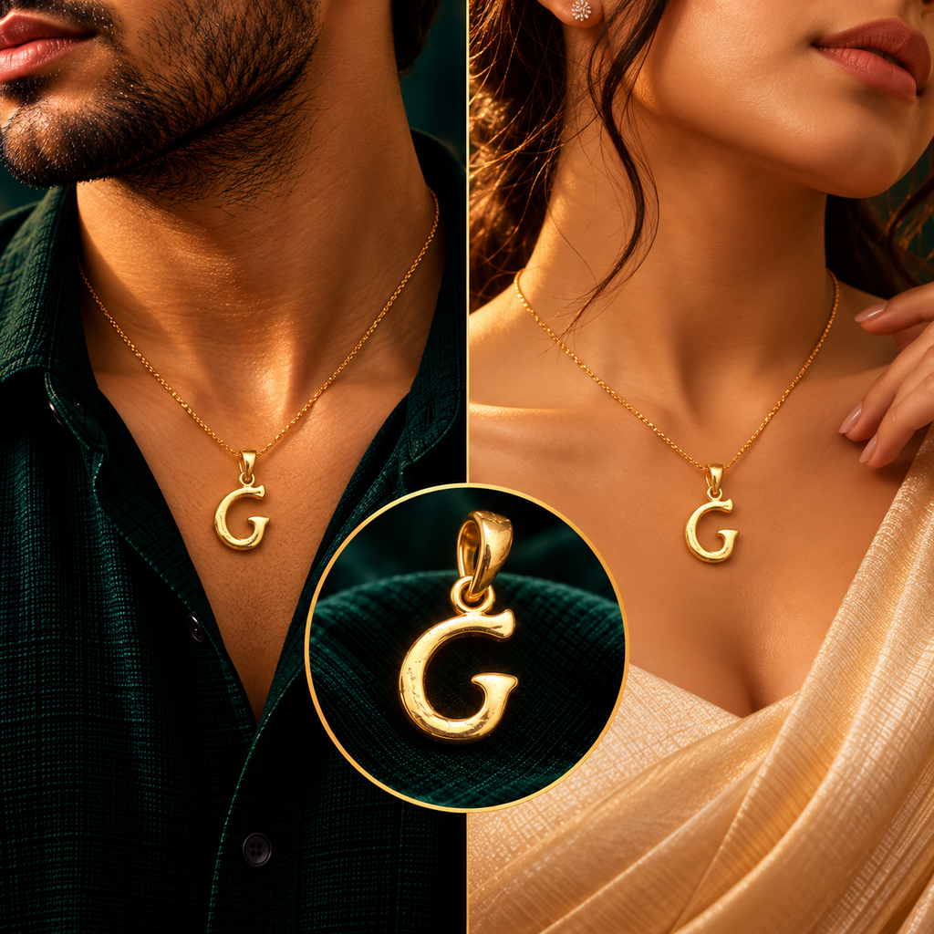 Moderna Curved Letter 'G' Initial Pendant - Men and Women Styling On-Body View - SURIYAS Jewel Studio