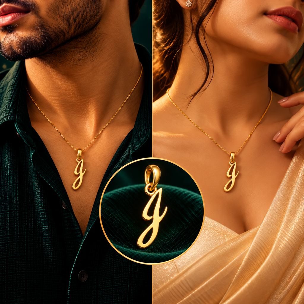 Scripture Calligraphy Letter 'J' Initial Pendant - Men and Women Styling On-Body View - SURIYAS Jewel Studio
