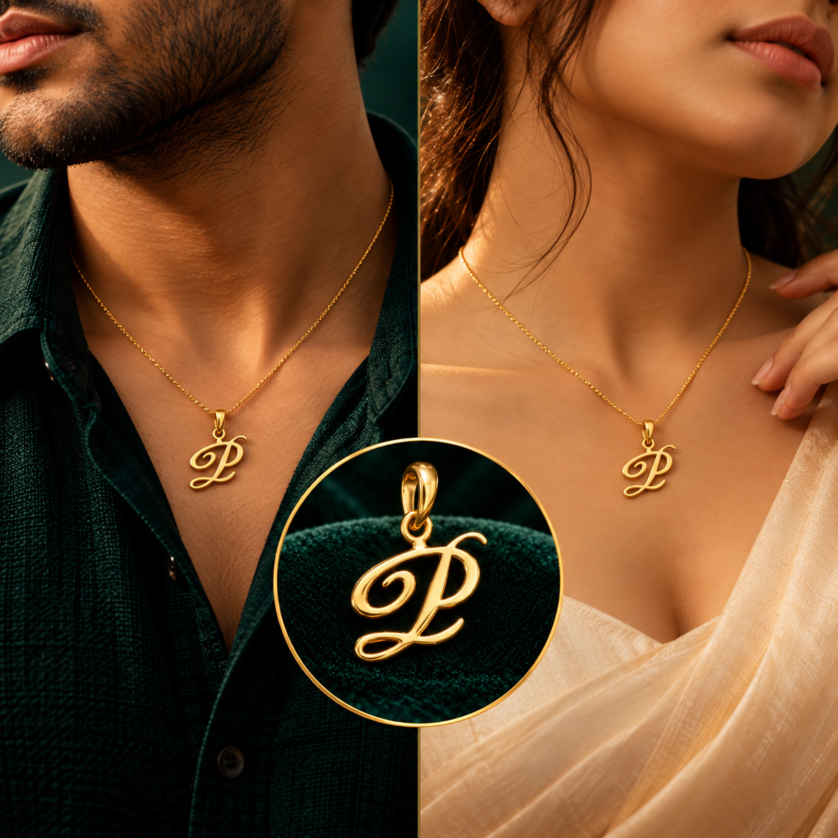 Scripture Calligraphy Letter 'P' Initial Pendant - Men and Women Styling On-Body View - SURIYAS Jewel Studio