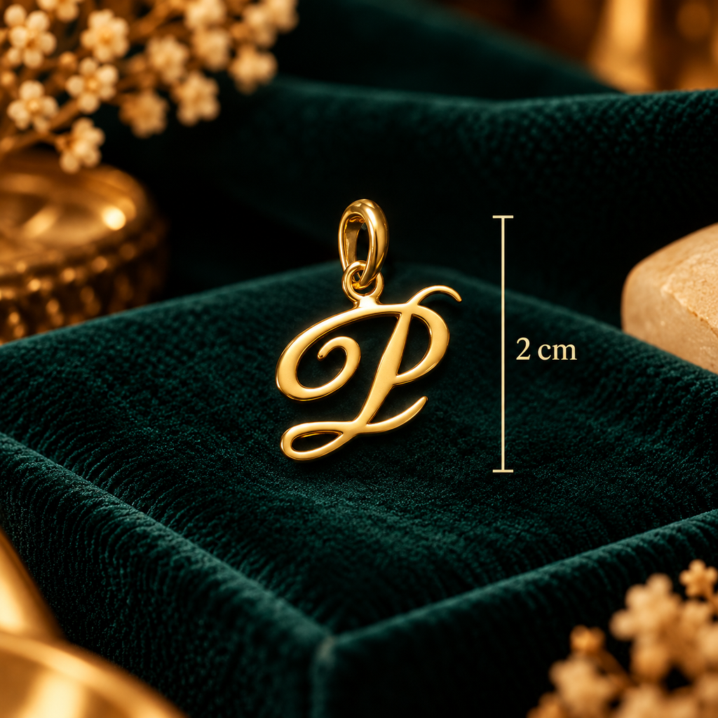 Scripture Calligraphy Letter 'P' Initial Pendant - Pendant Dimensions and Scale Guide (2.0 cm) - SURIYAS Jewel Studio