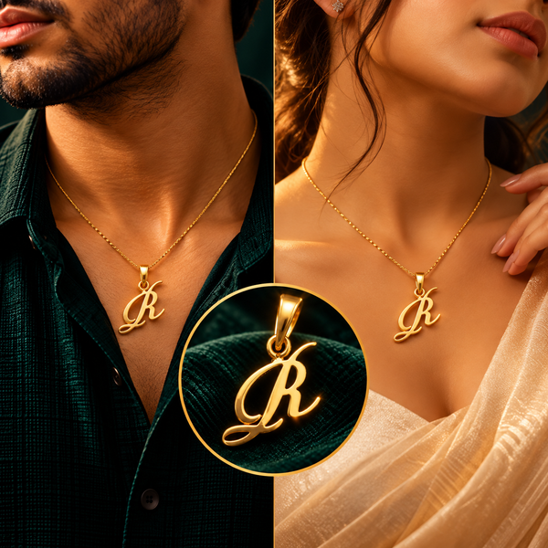 Royal Calligraphy Letter 'R' Initial Pendant - Men and Women Styling On-Body View - SURIYAS Jewel Studio