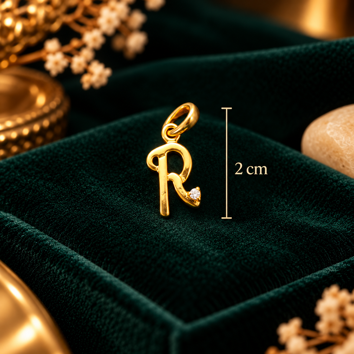 Aura Solitaire Letter 'R' Initial Pendant - Pendant Dimensions and Scale Guide (2.0 cm) - SURIYAS Jewel Studio