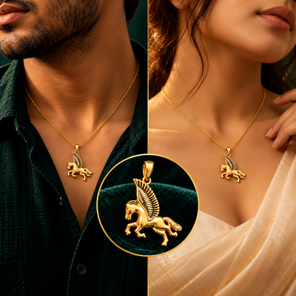 Celestial Winged Pegasus Pendant (Gold) - Men and Women Styling On-Body View - SURIYAS Jewel Studio