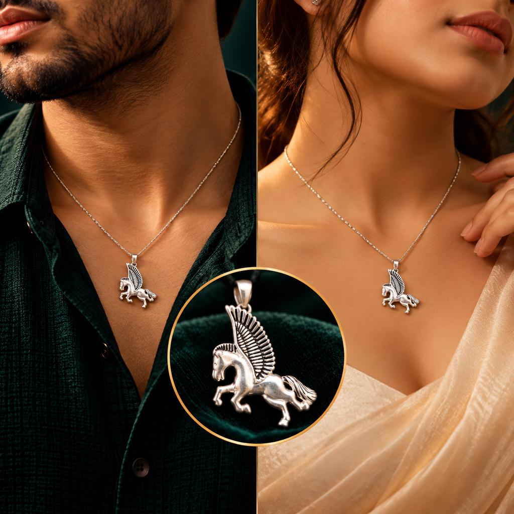 Celestial Winged Pegasus Pendant (Silver) - Men and Women Styling On-Body View - SURIYAS Jewel Studio