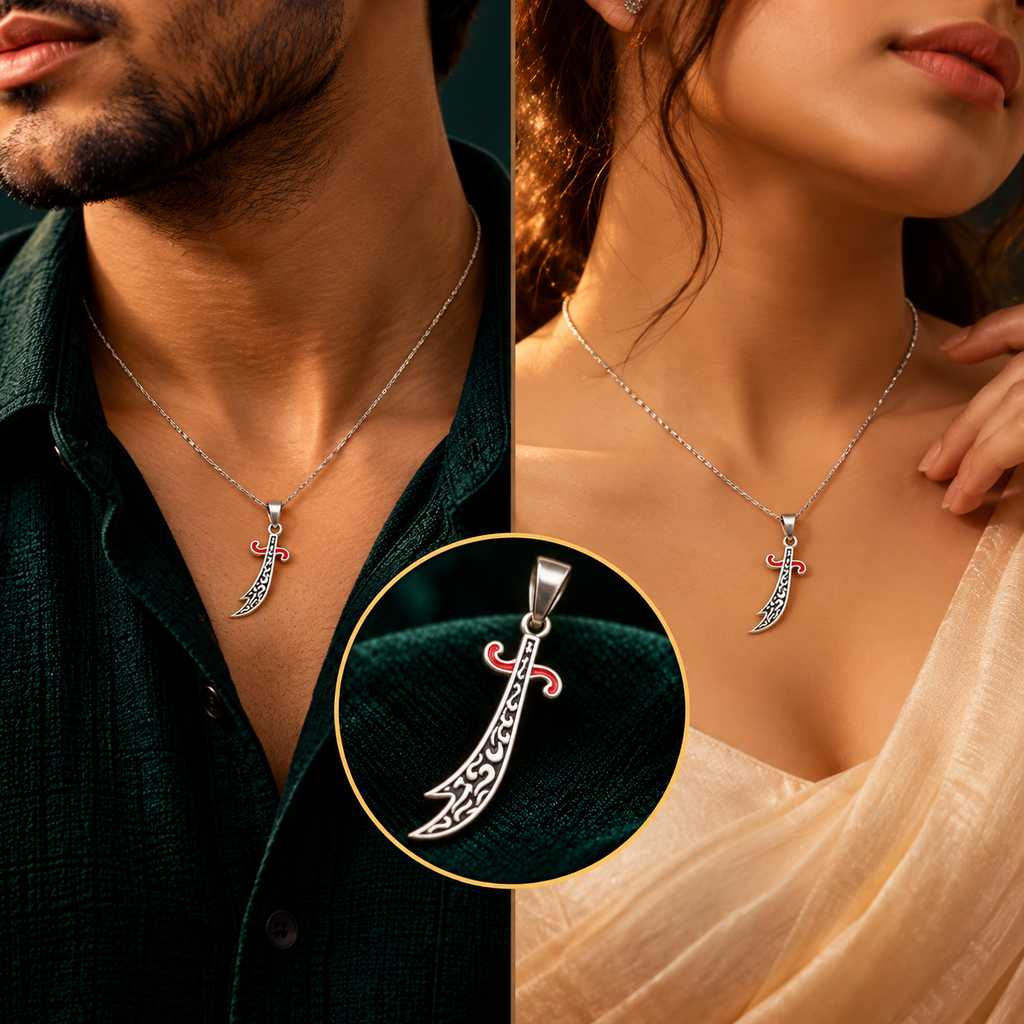 Rajputana Curved Talwar Sword Pendant (Silver) - Men and Women Styling On-Body View - SURIYAS Jewel Studio