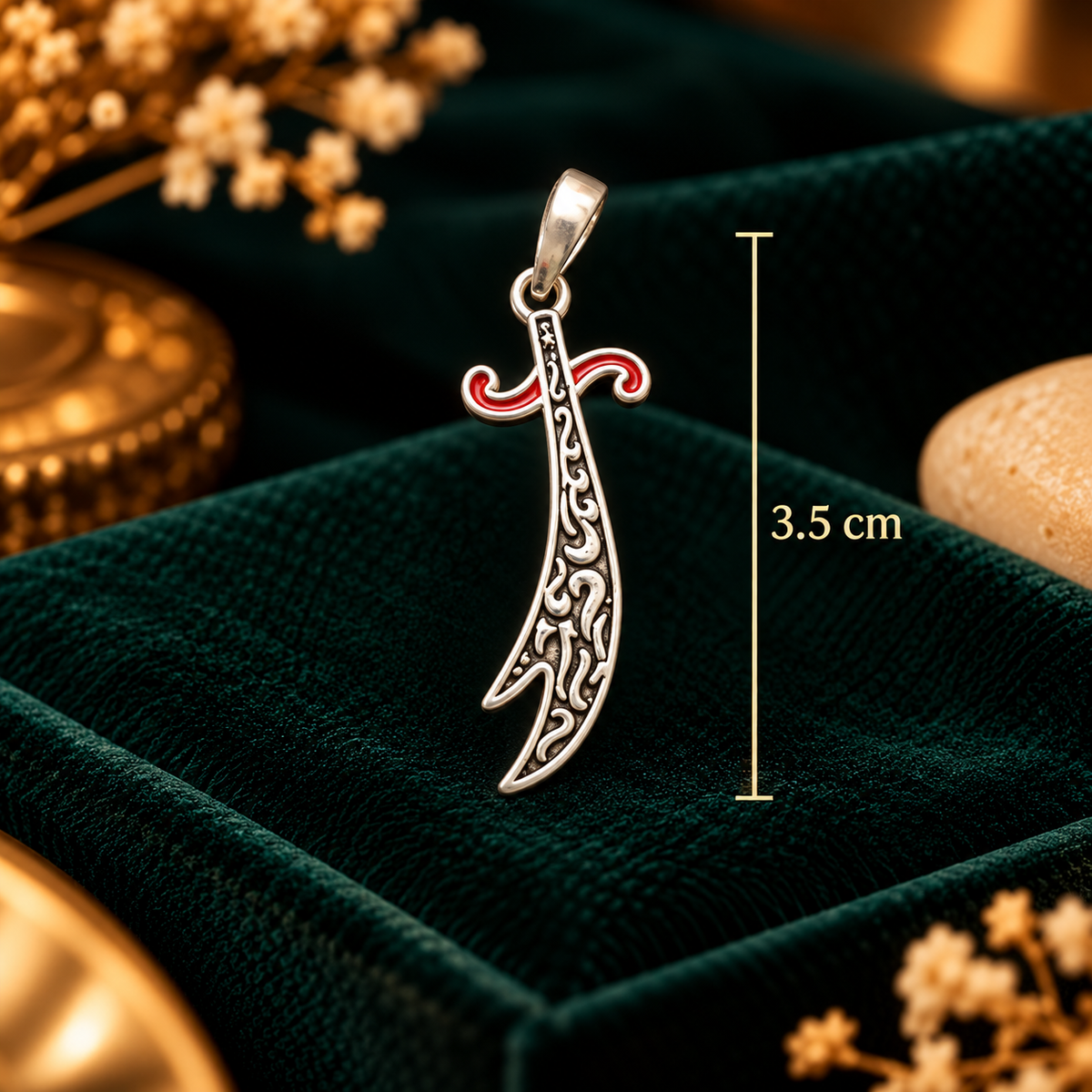 Rajputana Curved Talwar Sword Pendant (Silver) - Pendant Dimensions and Scale Guide (3.5 cm) - SURIYAS Jewel Studio