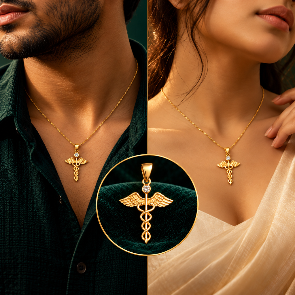 Caduceus Healer Medical Winged Solitaire Pendant - Men and Women Styling On-Body View - SURIYAS Jewel Studio