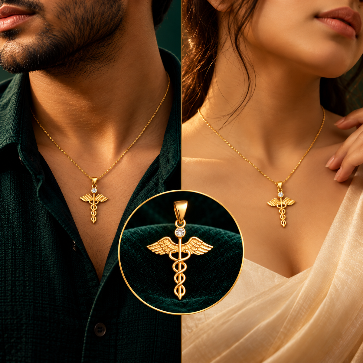 Caduceus Healer Medical Winged Solitaire Pendant - Men and Women Styling On-Body View - SURIYAS Jewel Studio