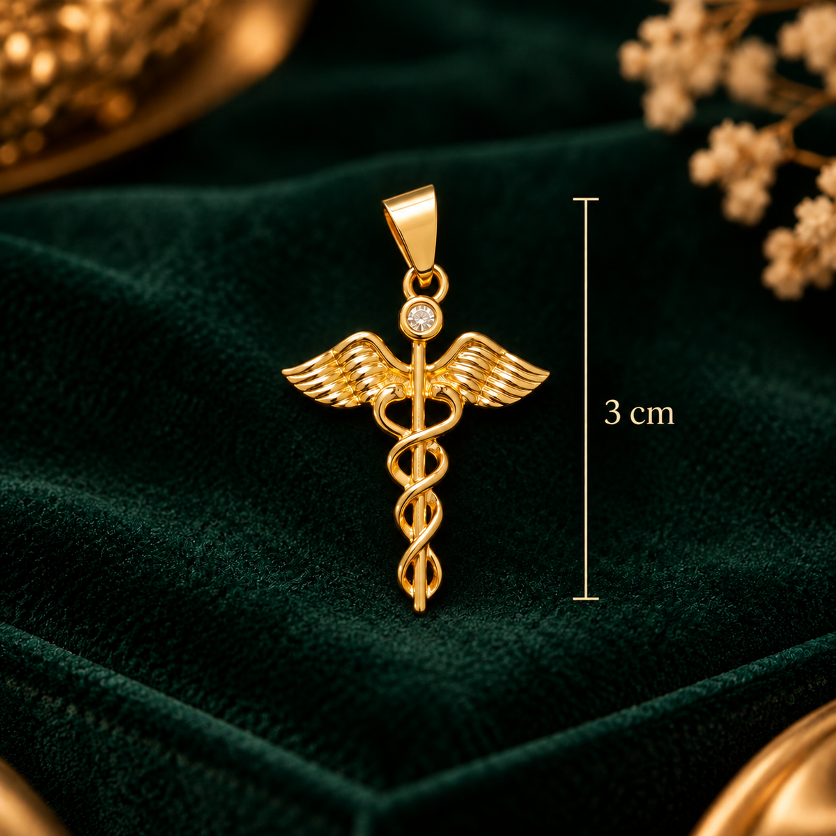 Caduceus Healer Medical Winged Solitaire Pendant - Pendant Dimensions and Scale Guide (3.0 cm) - SURIYAS Jewel Studio