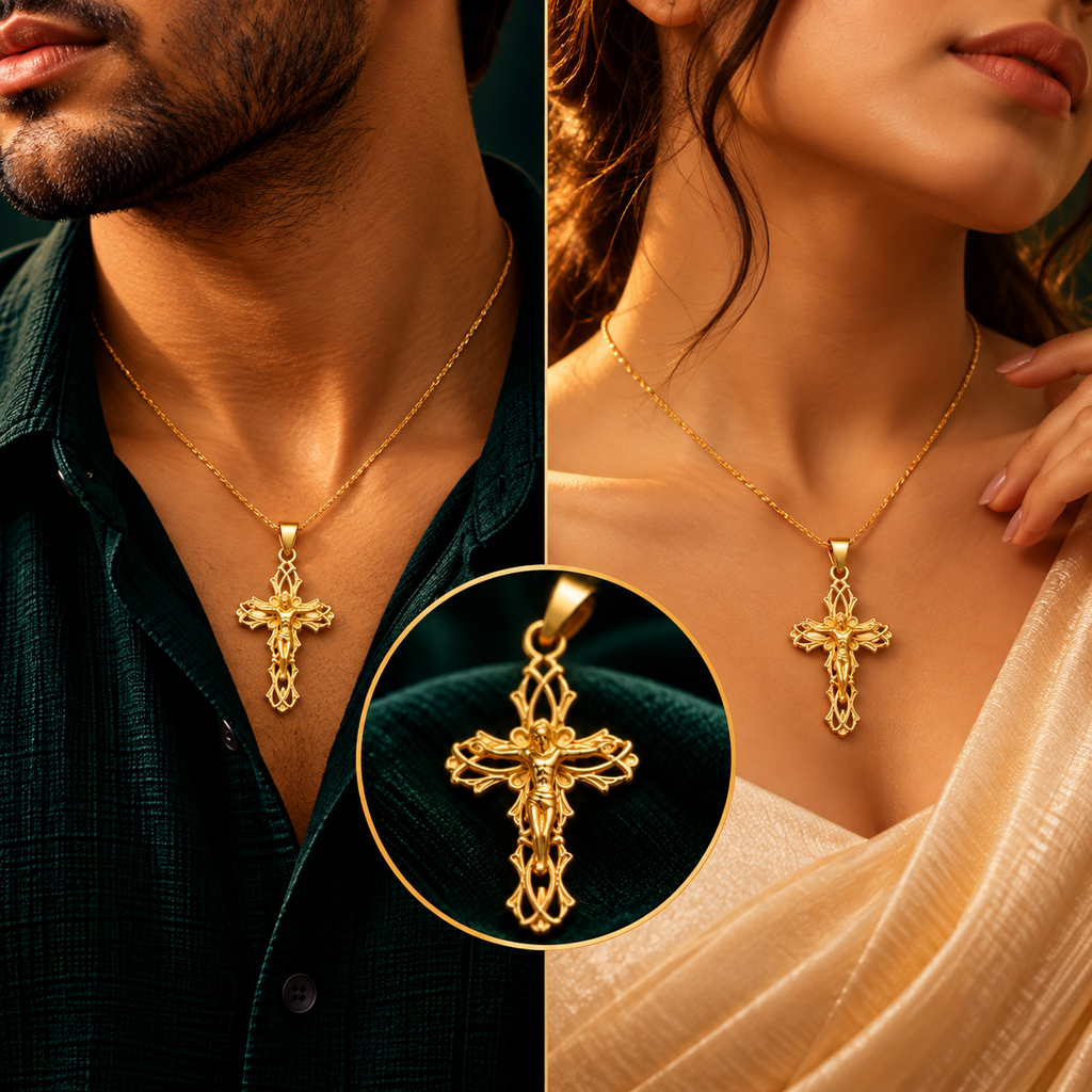 Sacred Gothic Crucifix Cross Devotional Pendant - Men and Women Styling On-Body View - SURIYAS Jewel Studio