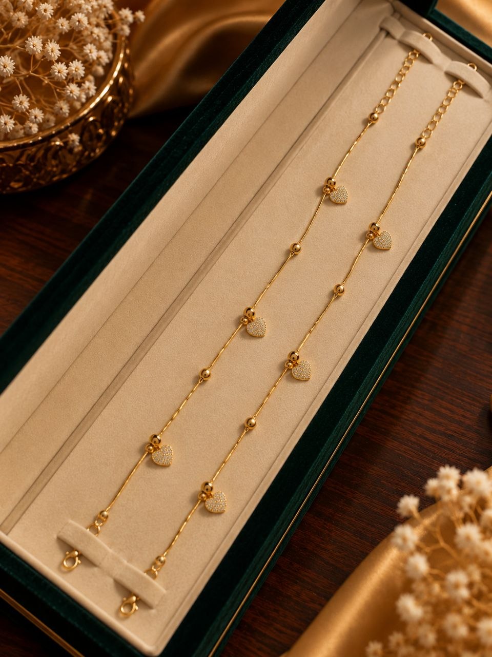 Amour Pavé Heart Charm 24K Gold Plated Anklet Pair - Luxury Velvet Presentation Box Pair Display - SURIYAS Jewel Studio