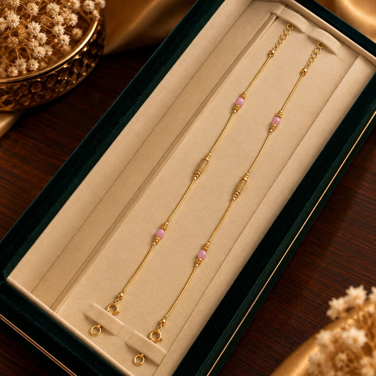 Lilac Bloom Fluted Cylinder 24K Gold Plated Anklet Pair - Luxury Velvet Presentation Box Pair Display - SURIYAS Jewel Studio
