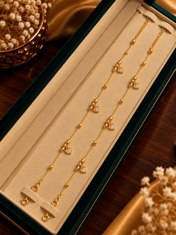 Solitaire Sweetheart Drop 24K Gold Plated Anklet Pair - Luxury Velvet Presentation Box Pair Display - SURIYAS Jewel Studio