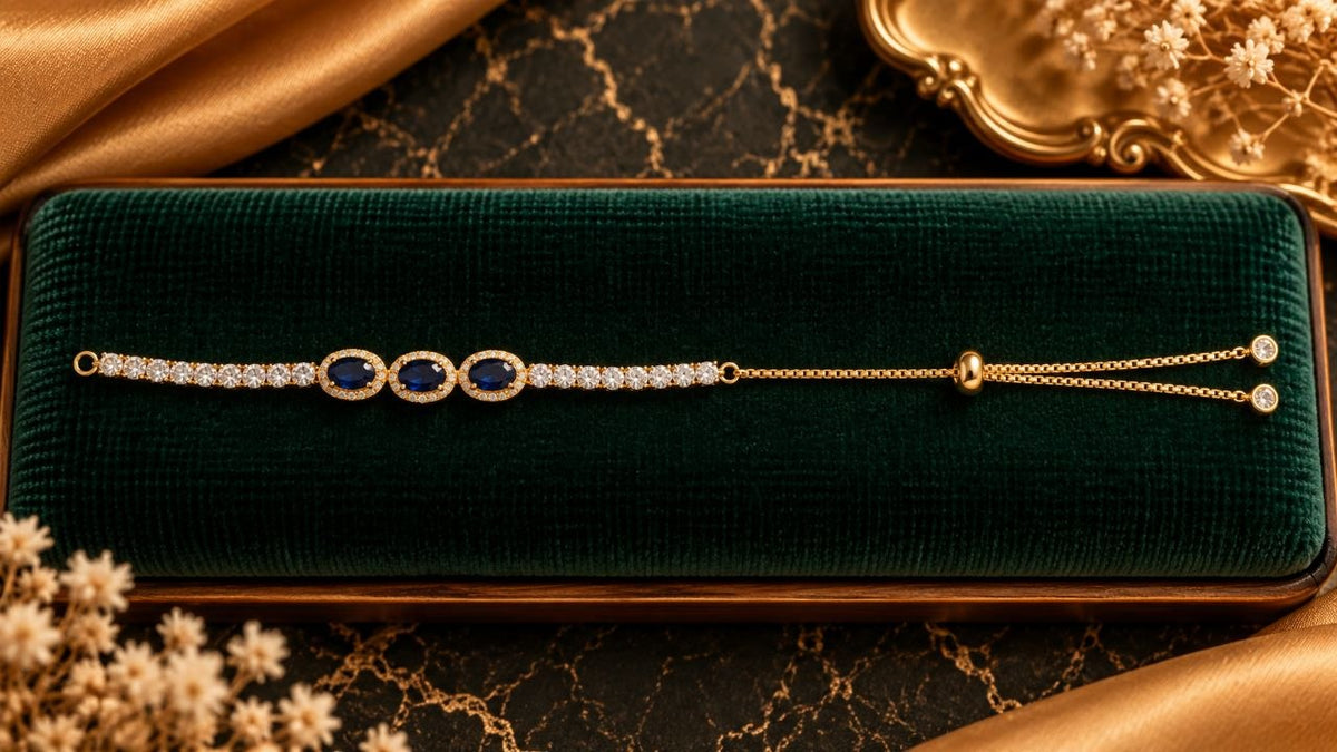 Sapphire Blue Trio Slider Bolo Bracelet - Luxury Velvet Box Display - SURIYAS Jewel Studio