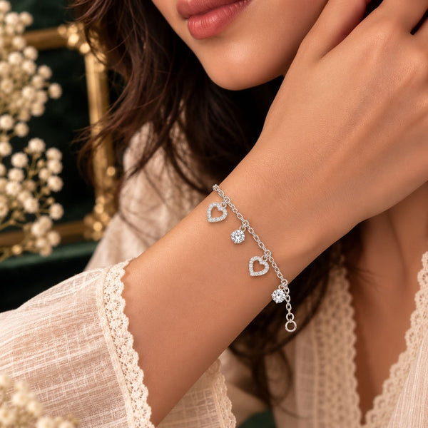 Amour Sweetheart Dangling Charms Bracelet - Hand Wear View - SURIYAS Jewel Studio | SURIYAS 925 Sterling Silver