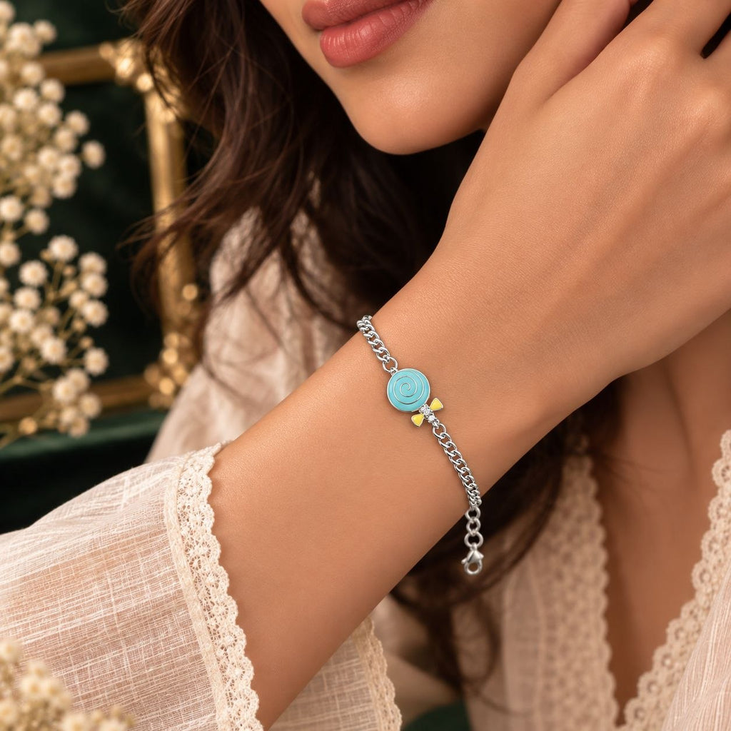 Turquoise Solitaire Halo Dainty Bracelet - Hand Wear View - SURIYAS Jewel Studio